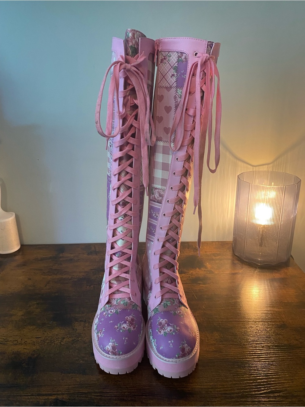 Dolls Kill Sugar Thrillz Pink Floral Lace-Up Knee-High Synthetic Boots